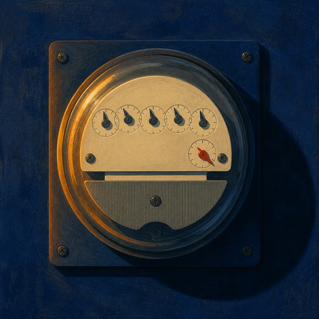 Painted electricity meter with blank cream dials and one small red pointer on a navy panel