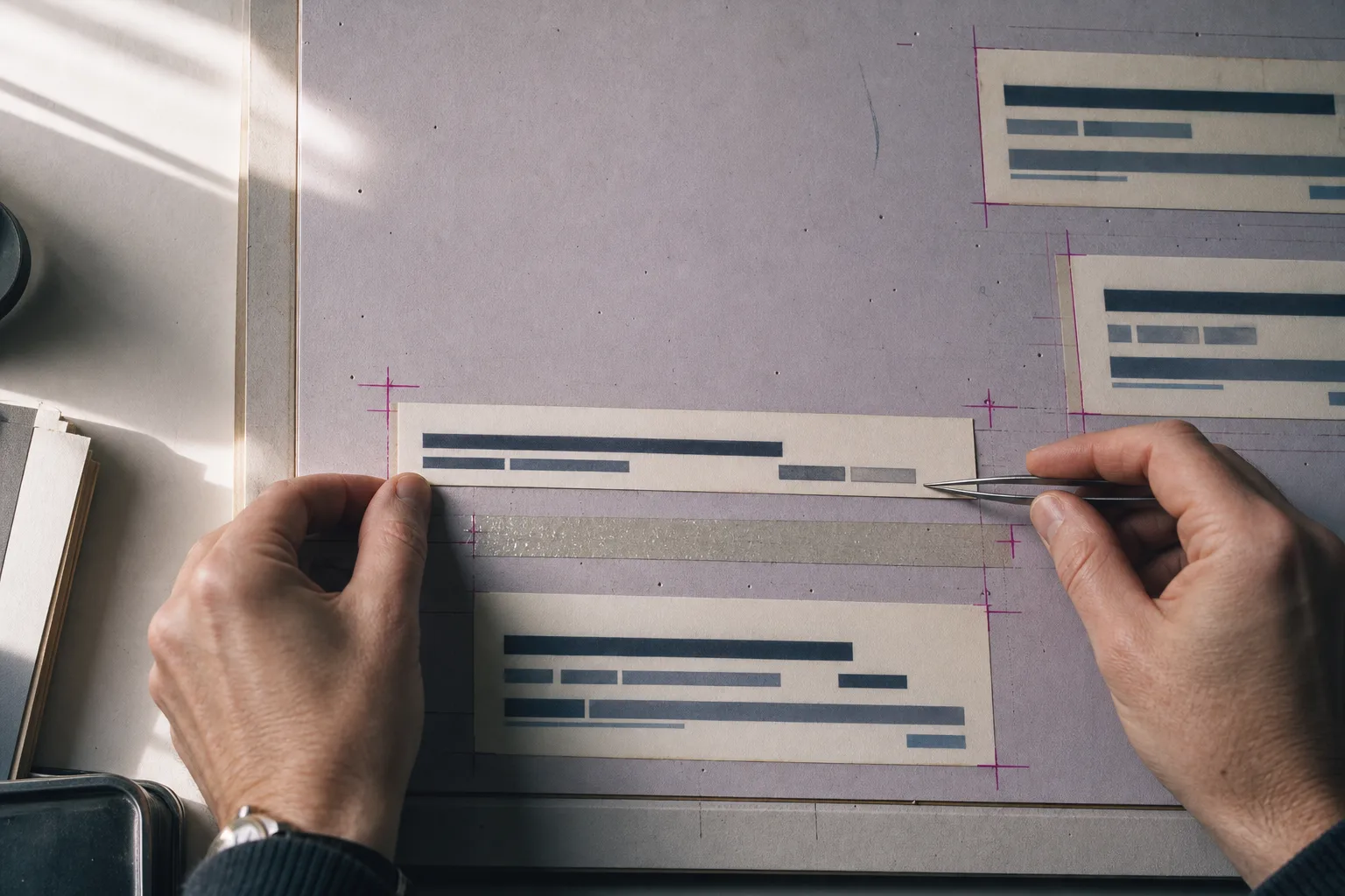Overhead photograph of hands using steel tweezers to reposition a typeset paper galley on a lavender paste-up board marked with magenta registration marks