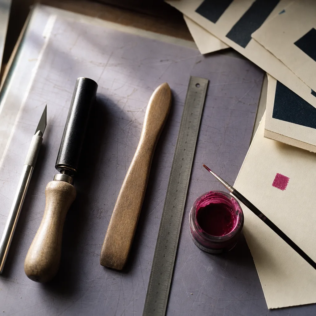 Overhead photograph of paste-up tools on a lavender cutting board: an X-Acto knife, a hand waxer, a burnisher, a steel pica ruler, and a pot of magenta ink with a fine brush