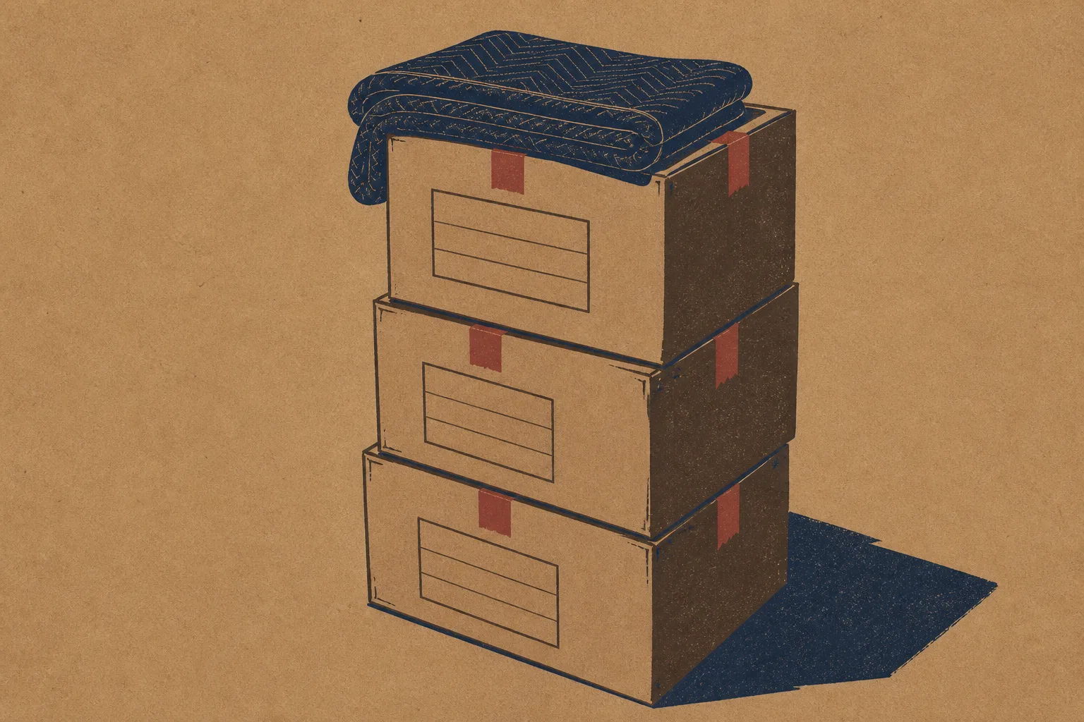 Screenprint still life of three taped cardboard moving cartons stacked with a folded indigo moving blanket on top