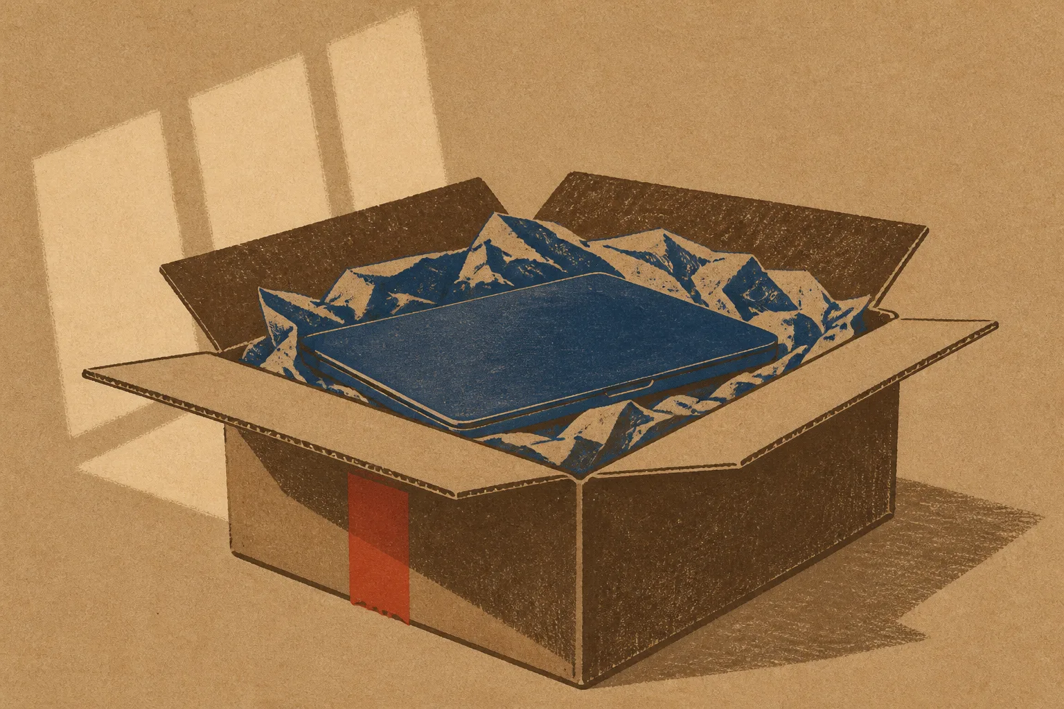Screenprint illustration of an open cardboard carton with indigo packing paper and a closed laptop resting inside