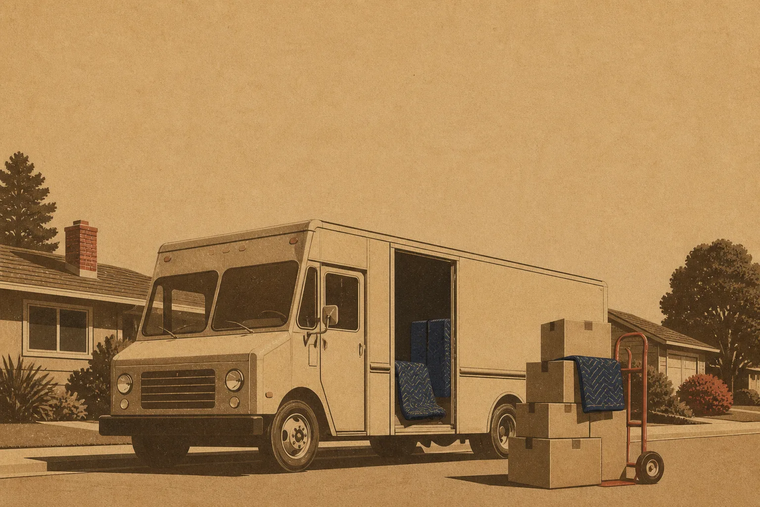 Screenprint illustration of a mid-century moving van at a suburban curb, rear door open showing indigo moving blankets, beside a stack of cardboard cartons on a red hand truck