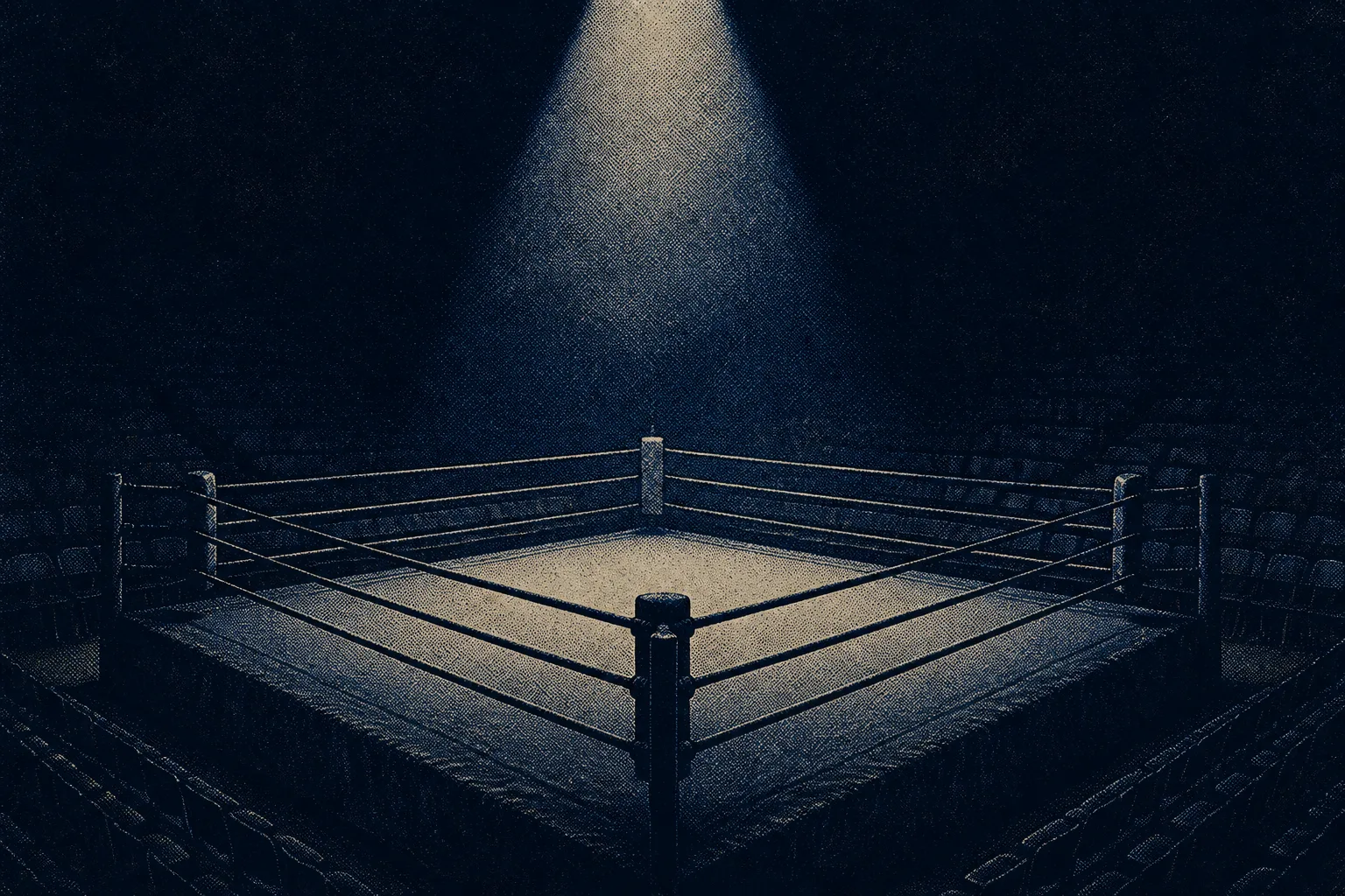 Duotone halftone photograph in midnight navy of an empty boxing ring under a single cone of spotlight, rows of empty seats fading into darkness