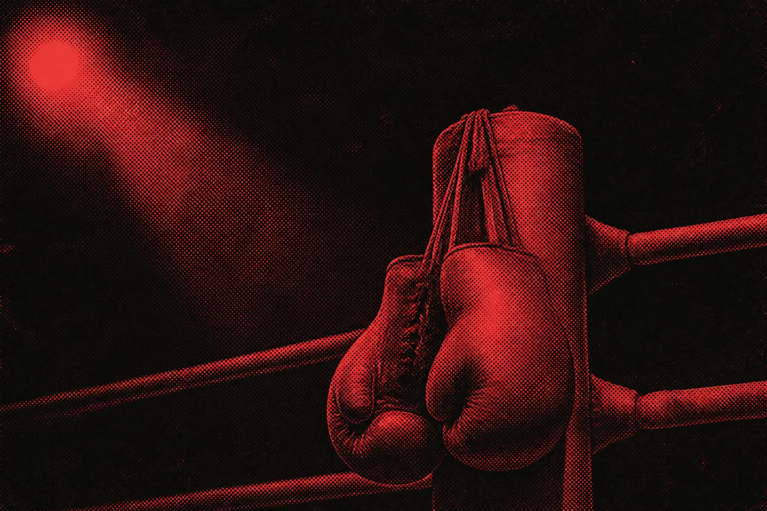 Duotone halftone photograph in crimson red of worn leather boxing gloves hanging by their laces from a ring corner post, a single spotlight glowing in the dark upper left