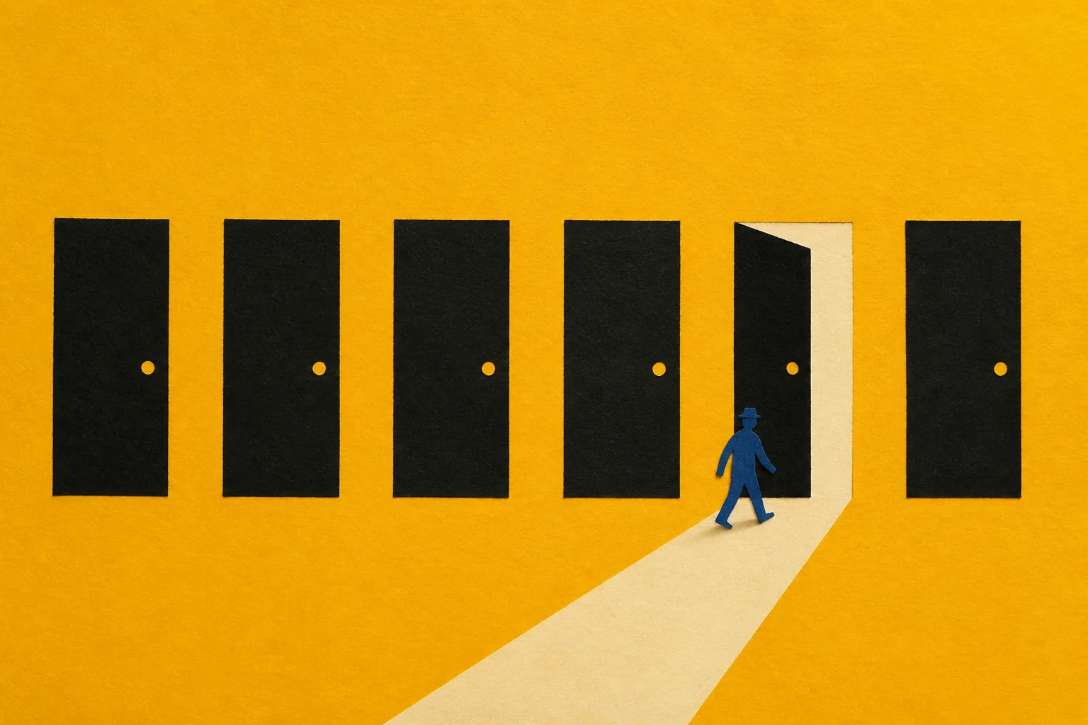 Cut-paper collage of a row of black doors on marigold paper, one door ajar spilling cream light, a small blue figure walking toward it