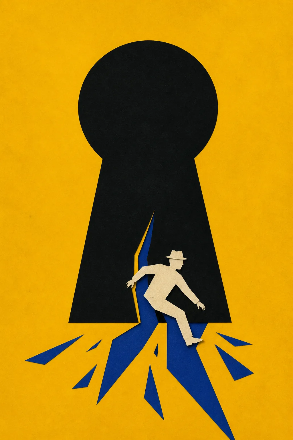 Cut-paper collage of a figure in a hat slipping through a crack in a giant black keyhole on a marigold ground