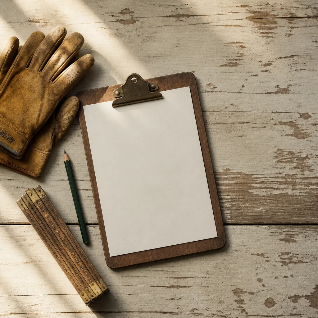 Overhead flat lay of leather work gloves, a folding rule, a carpenter's pencil, and a clipboard with a blank sheet on painted planks