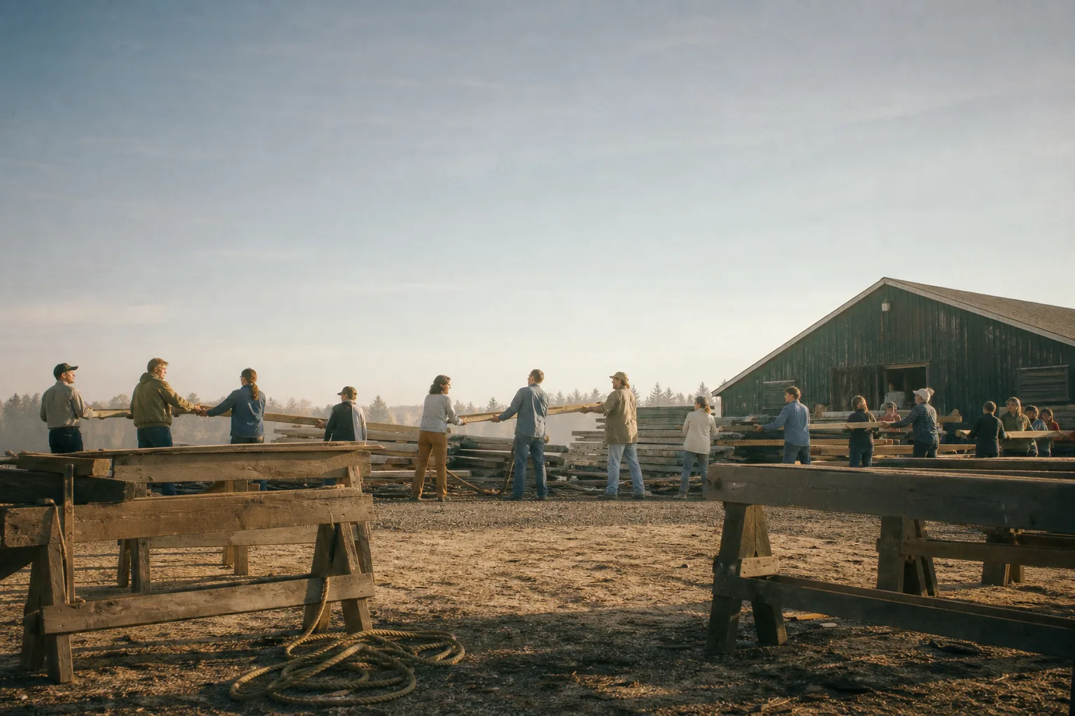 A line of volunteers passing sawn lumber hand to hand across a work yard in morning light, sawhorses in the foreground