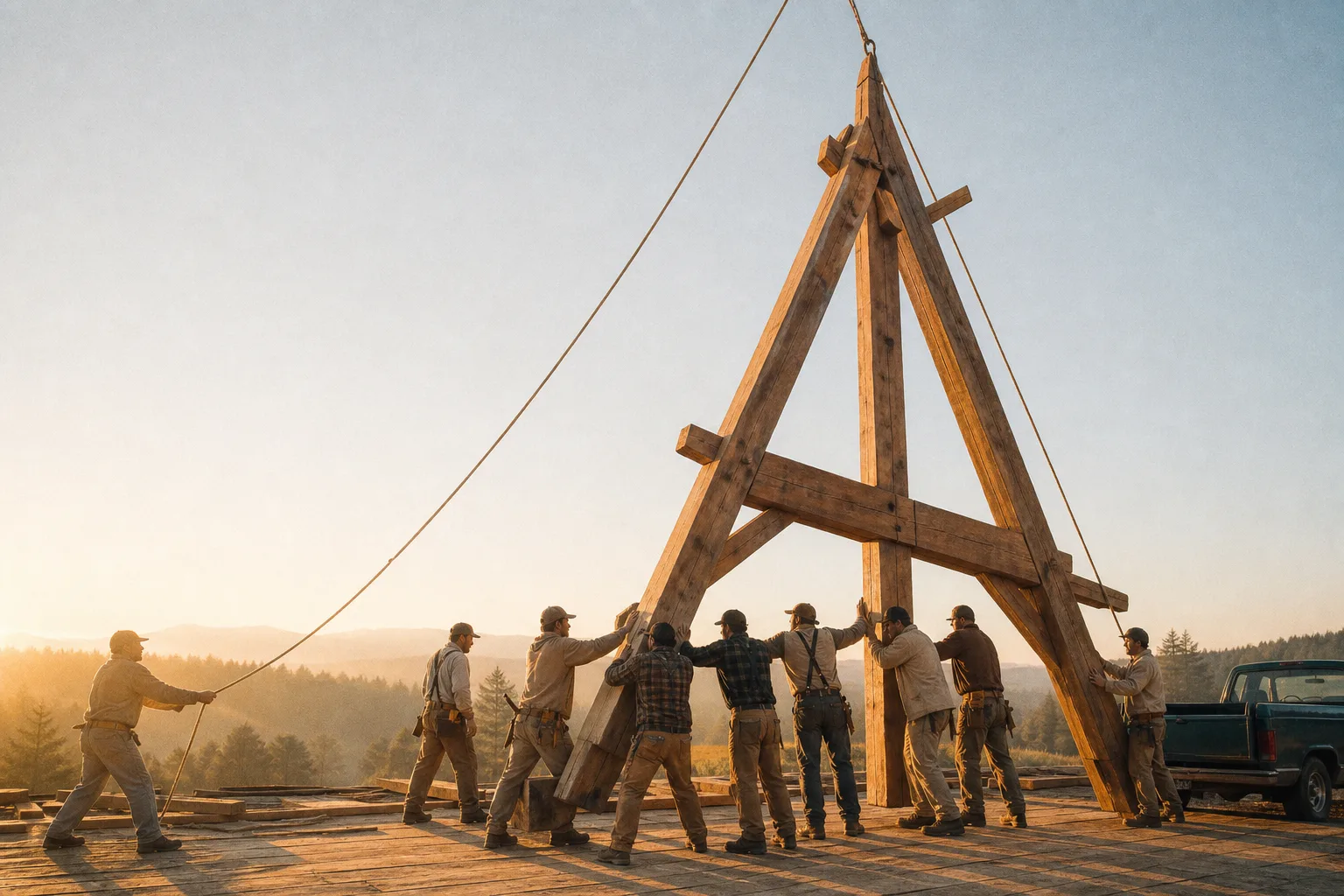 A crew of volunteers raising a triangular timber barn-frame bent by rope against a pale morning sky