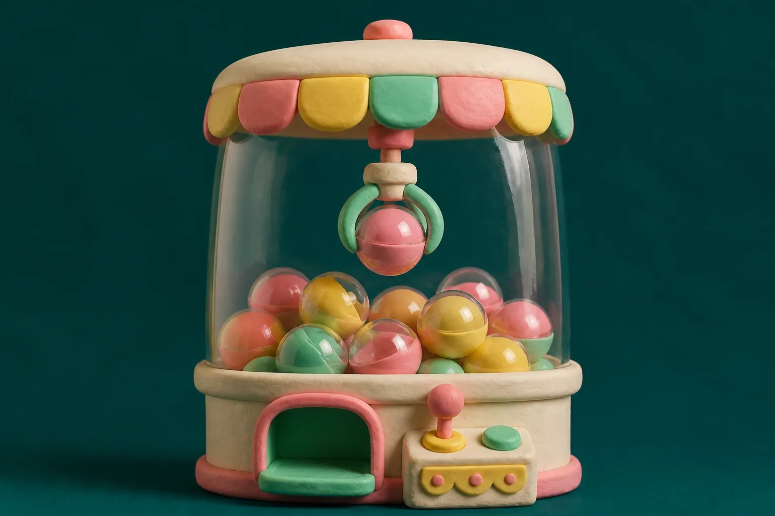 Claymation claw machine with a cream cabinet and a glass dome full of pink, yellow, and mint capsule toys, the claw gripping one pink capsule