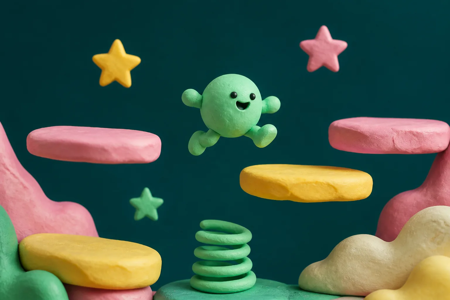 Claymation game scene: a round mint clay character leaps between floating pink and yellow clay platforms above a green coiled spring, on a deep teal backdrop