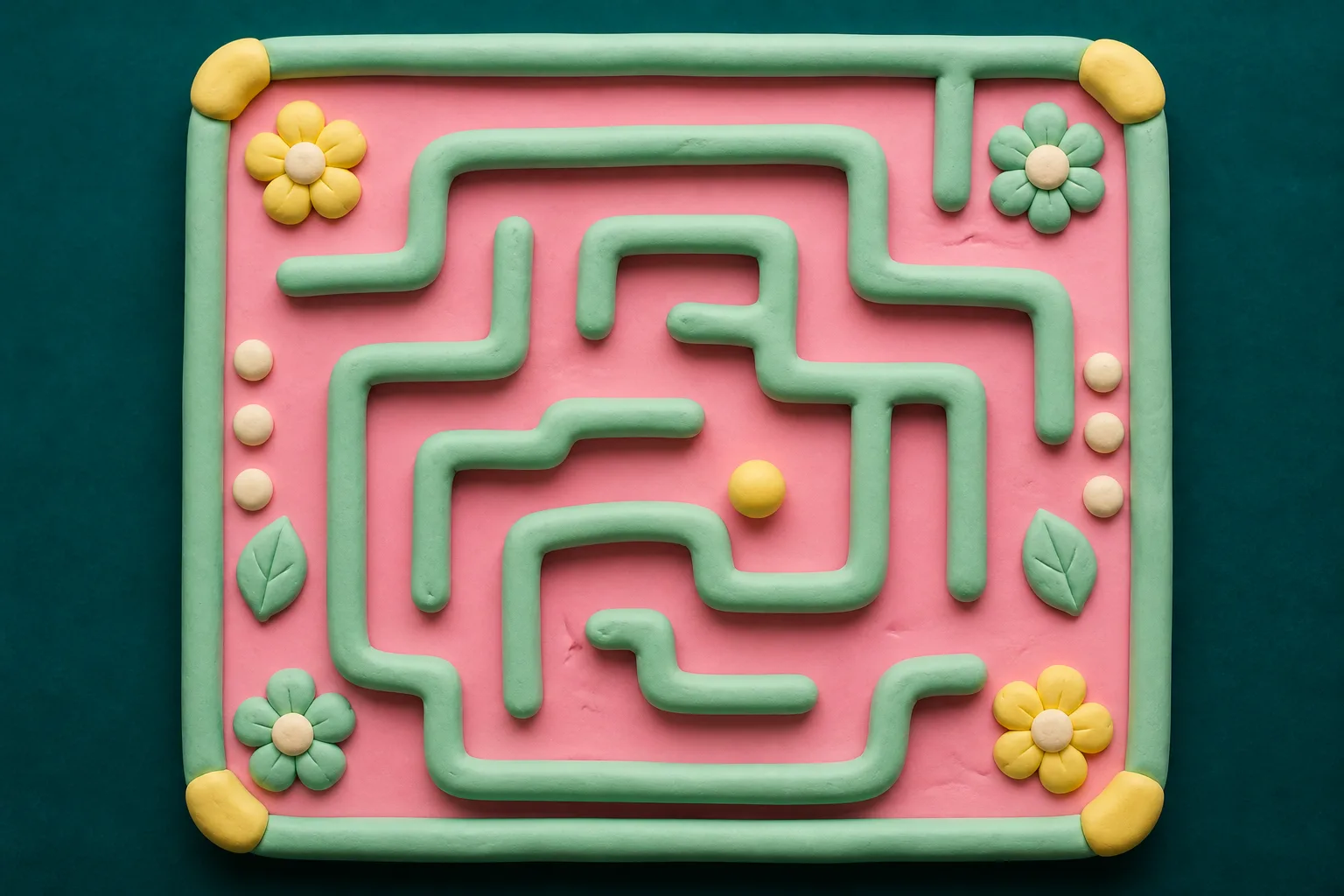 Overhead claymation marble maze with mint walls on a pink base, a single yellow clay marble resting mid-path