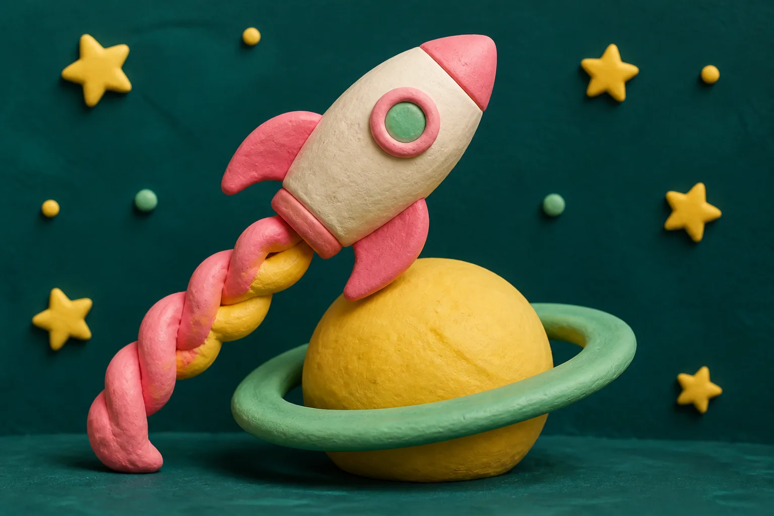 Claymation rocket with a cream body and pink fins arcing over a yellow clay planet with a mint ring, against a starry teal backdrop
