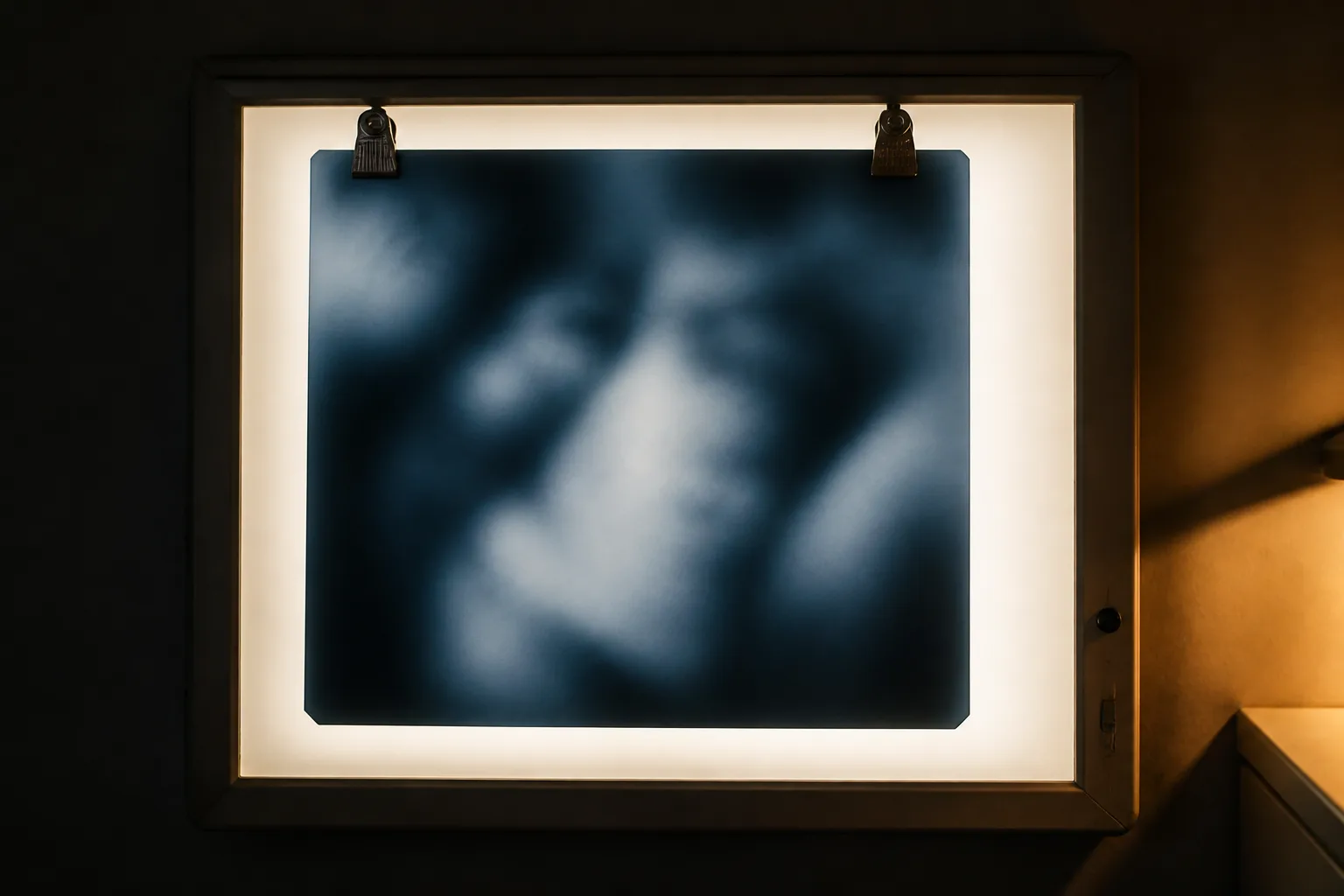 A radiographic film clipped to a glowing lightbox, showing only soft out-of-focus indigo shapes