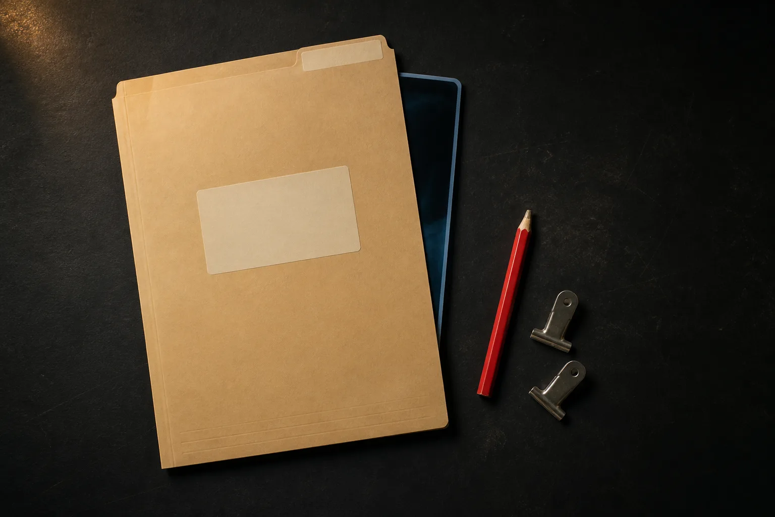 Overhead photograph of a manila film jacket with a corner of indigo film peeking out, a red grease marker and two steel clips beside it
