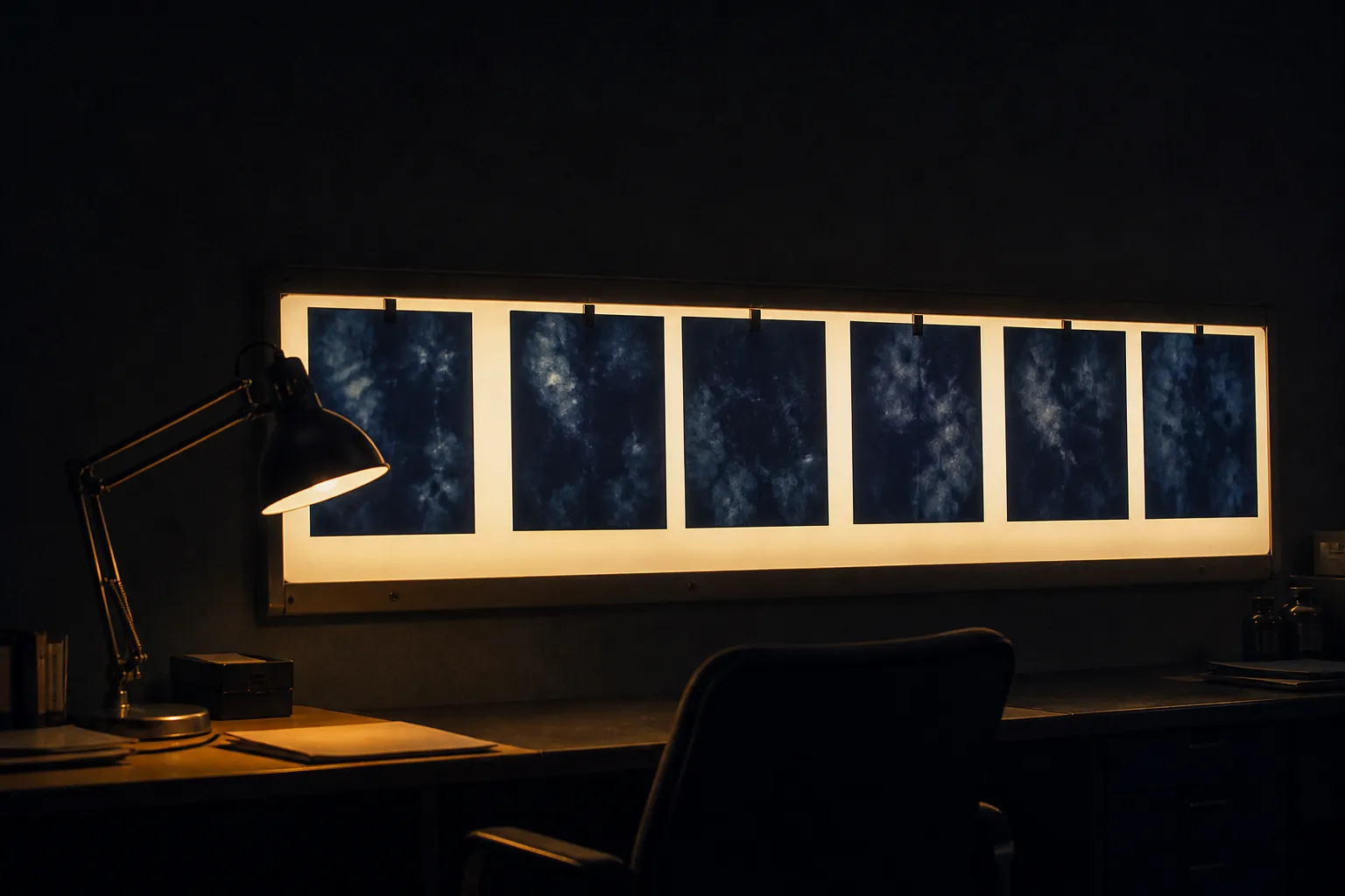 A dim radiology reading room: a long lightbox strip glows warm white with a row of indigo films, a swing-arm lamp and chair in silhouette