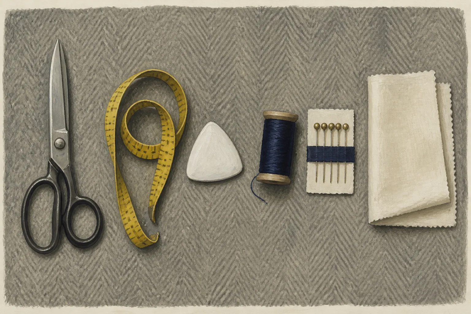 Gouache illustration of tailoring tools laid on grey herringbone wool: shears, a coiled yellow measuring tape, chalk, navy thread, pins, and folded cream cloth