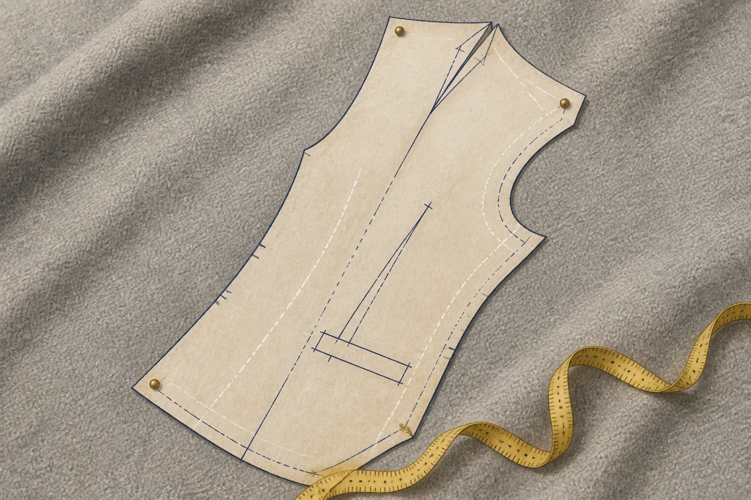 Gouache and chalk illustration of a cream suit-jacket pattern piece pinned to grey wool flannel, with navy seam lines and a yellow measuring tape