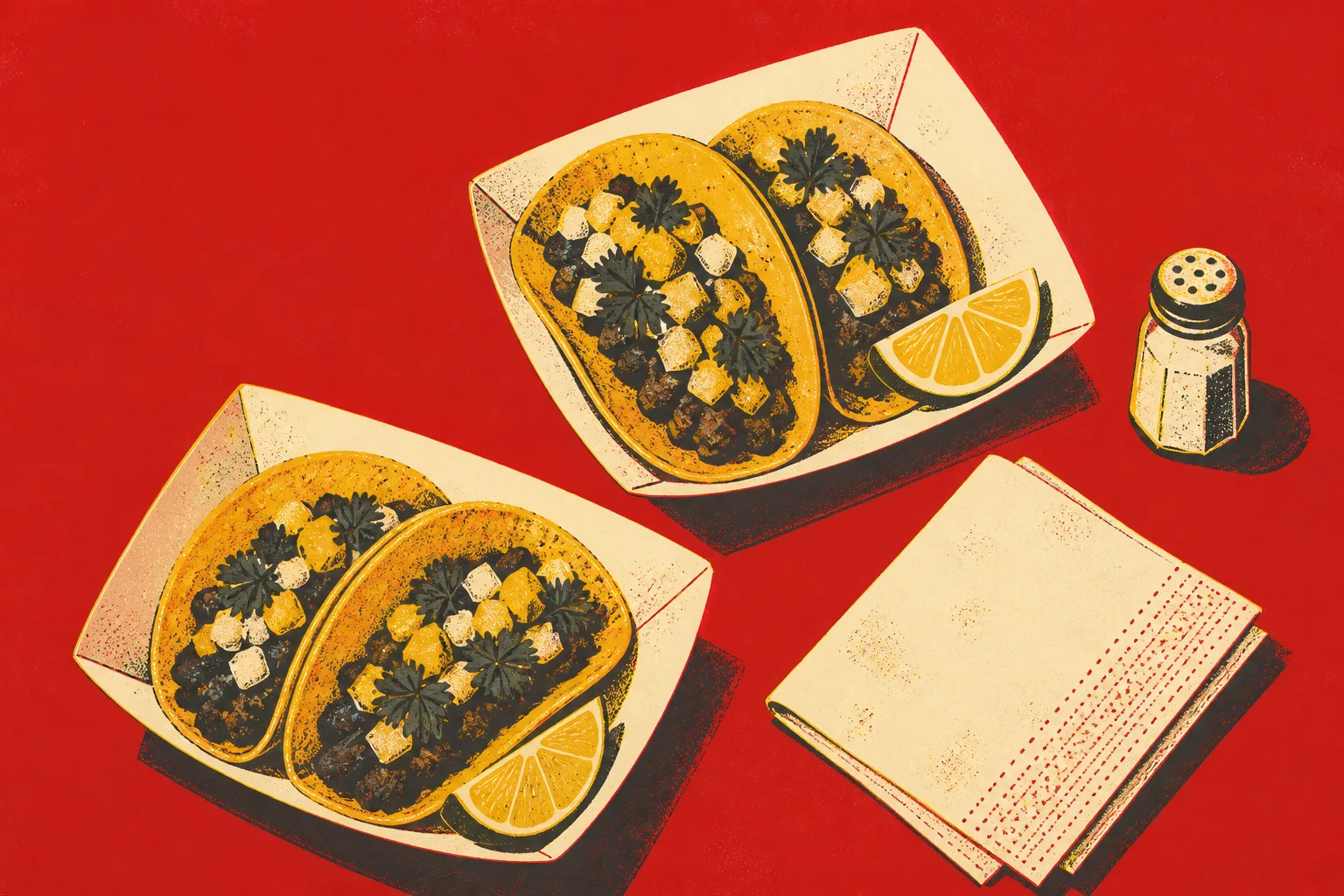 Screenprint overhead illustration of two paper boats of tacos with lime wedges, a folded napkin, and a salt shaker on poster red