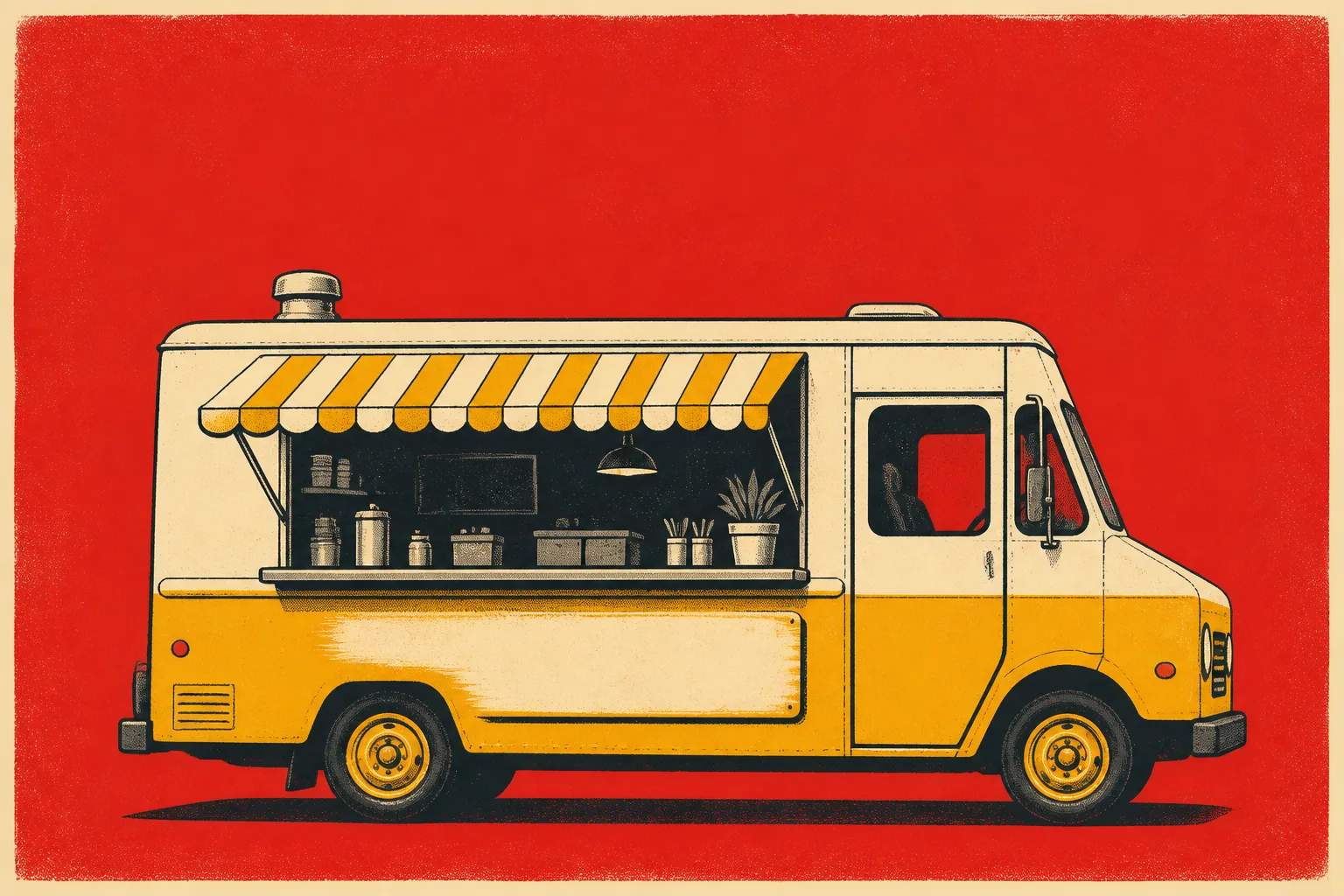 Screenprint poster of a cream and corn-yellow step-van food truck with a striped awning and open service window on a flat tomato-red ground