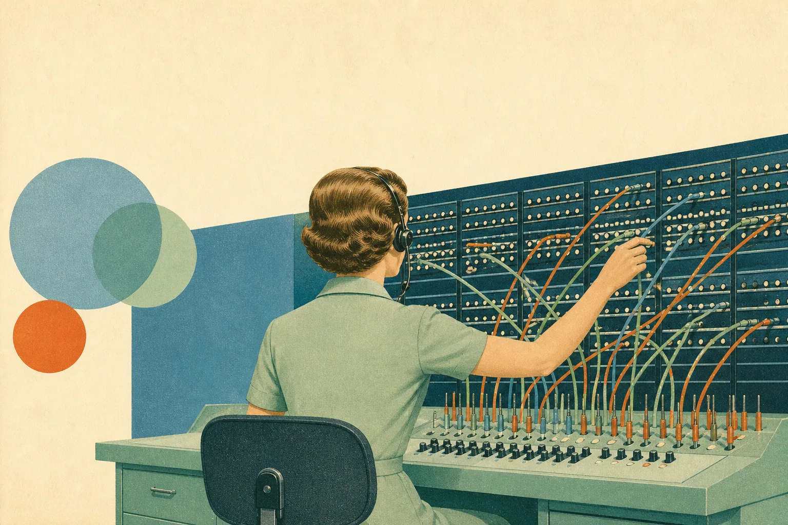 Flat offset-litho illustration of a switchboard operator seen from behind, patching persimmon and blue cords into a tall panel of jacks