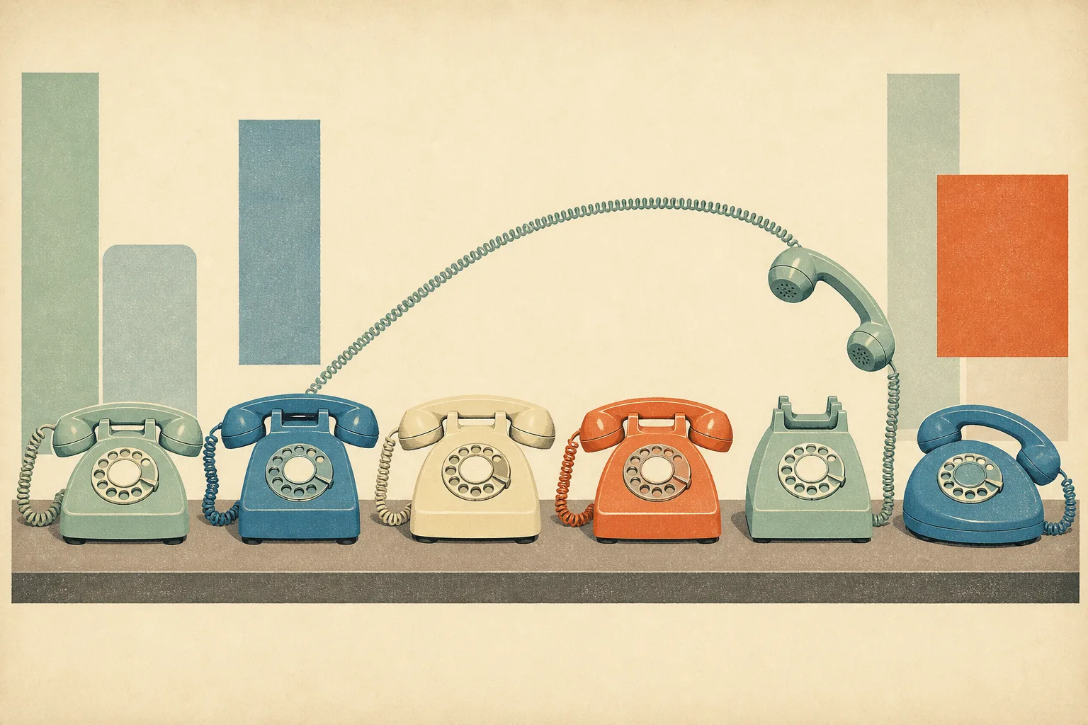 Litho illustration of six rotary desk telephones in seafoam, blue, cream, and persimmon on a shelf, one handset lifted with its cord arcing across the row