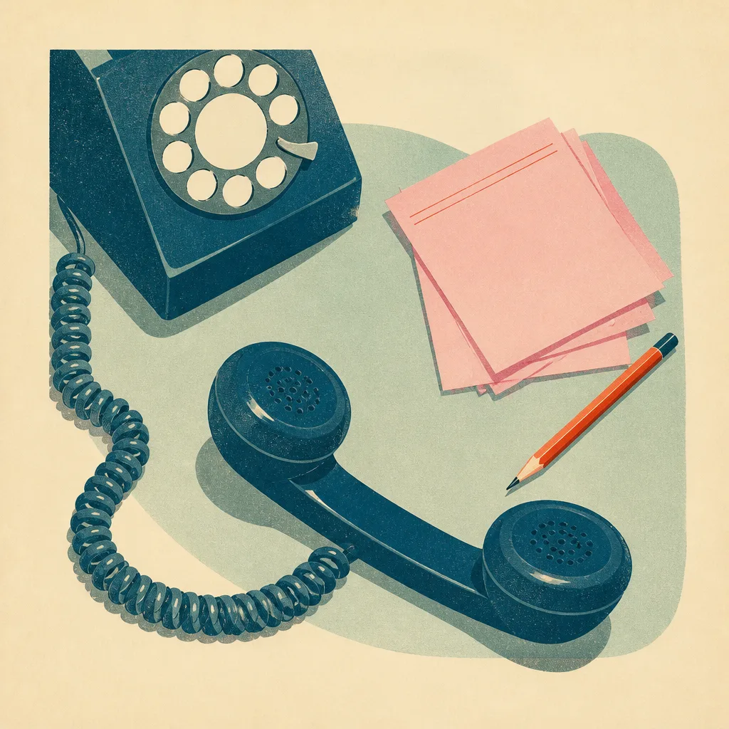 Litho flat-lay illustration of a rotary telephone with its handset off the hook beside pink message-memo slips and a persimmon pencil