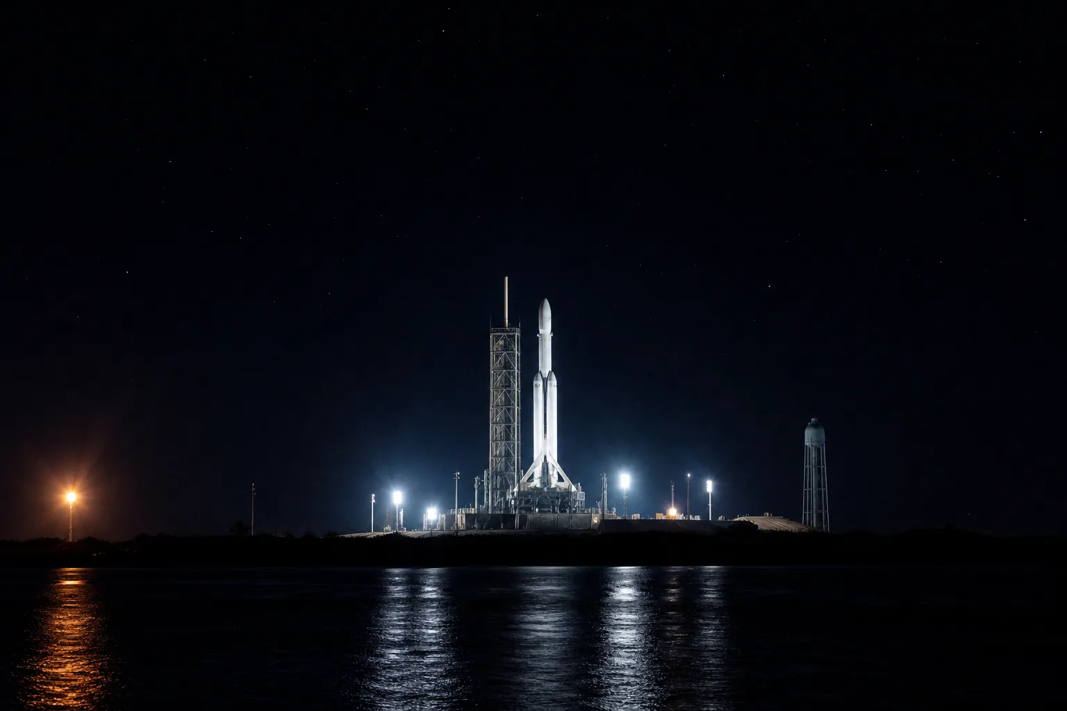 A white rocket on a floodlit launch pad at night, seen across dark water under a star-speckled sky