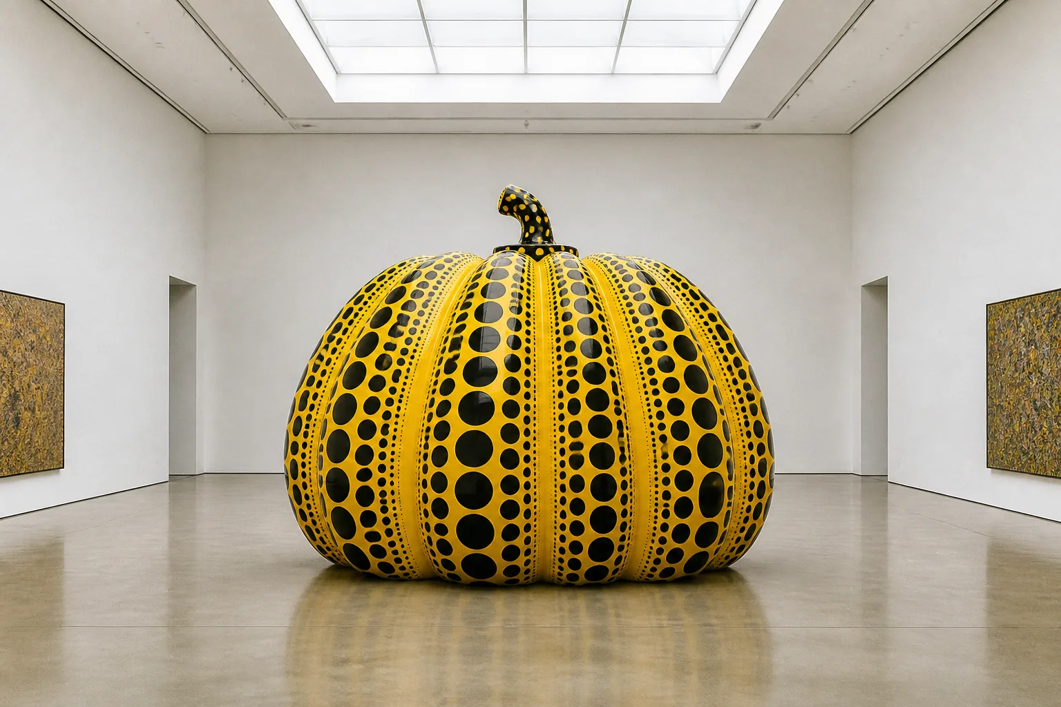 A monumental yellow pumpkin sculpture covered in black polka dots in a white gallery room lit by a skylight