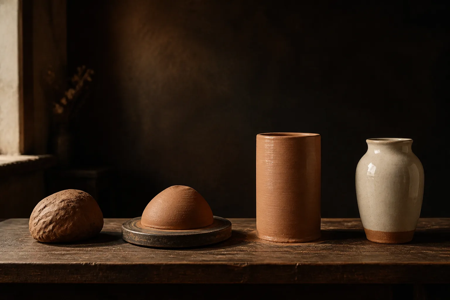 One terracotta vessel shown four times on a walnut workbench, as a wedged lump, a centered mound on a wheel head, a freshly pulled cylinder, and a finished glazed vase, lit by warm window light