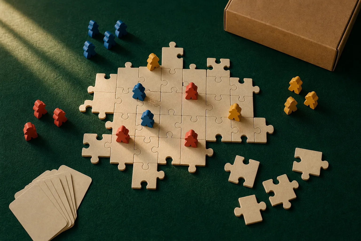 Overhead photograph of a cooperative board game mid-play on green felt: cream interlocking tiles forming an unfinished board, wooden meeples in blue, red, and yellow placed across it, a kraft box lid at the edge