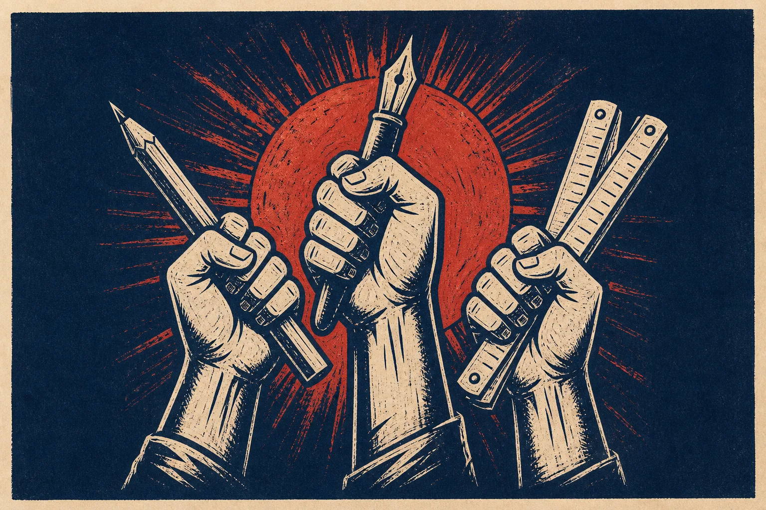Linocut print of raised hands holding a pencil, pen nib, and ruler in cream and vermillion ink on indigo paper
