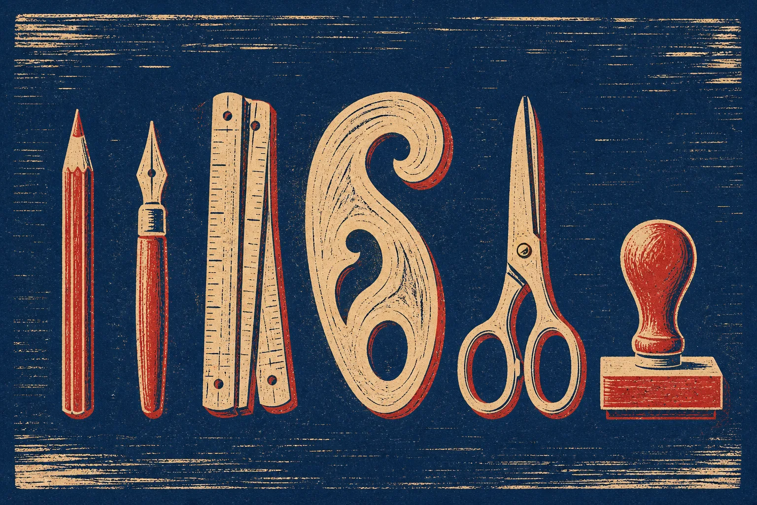 Linocut print of a row of hand tools: pencil, pen nib, folding ruler, french curve, scissors, and rubber stamp in cream and vermillion on indigo