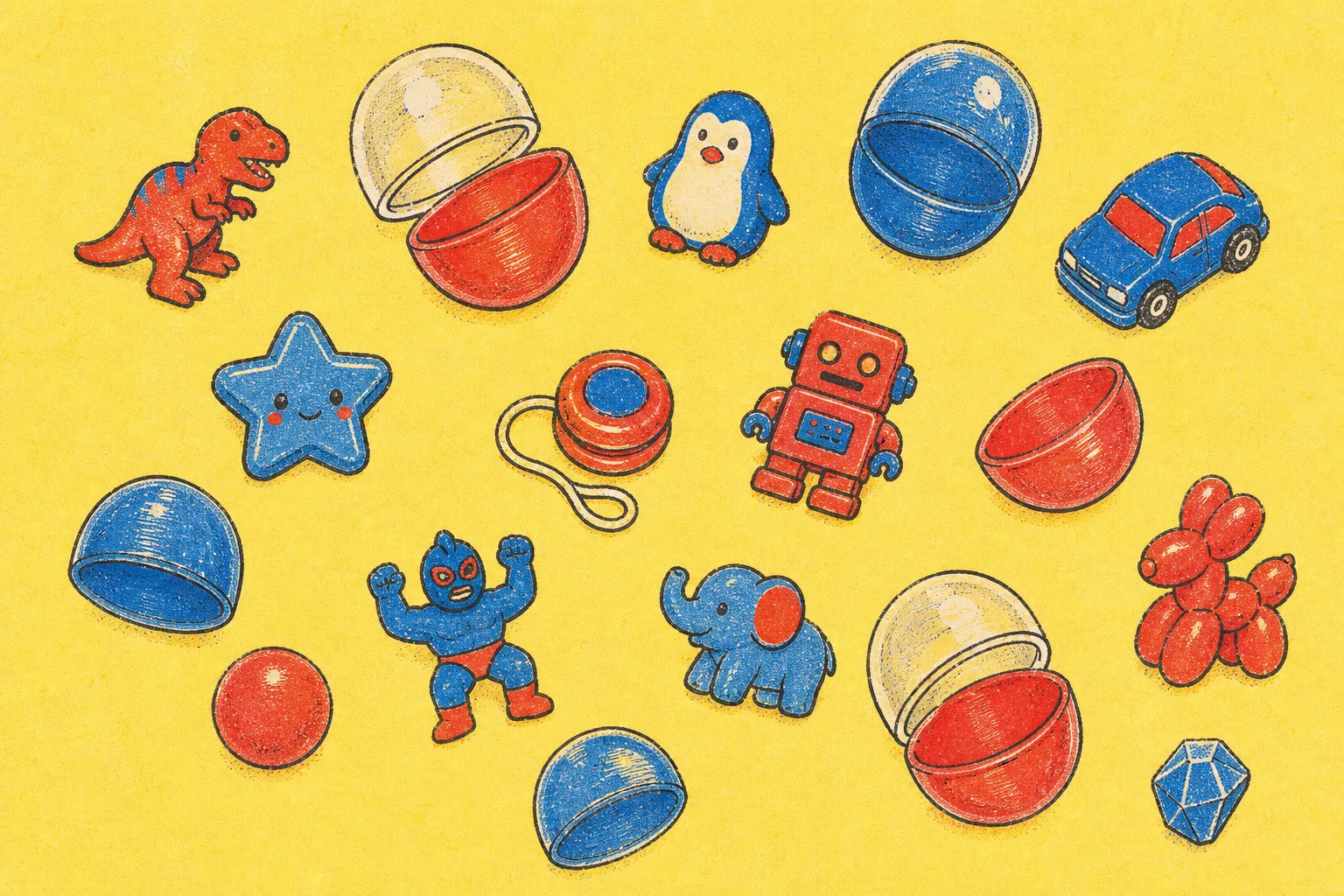 Risograph flat lay of opened capsule halves and small prize toys, a dinosaur, robot, penguin, and yo-yo, in red and blue inks on butter-yellow paper