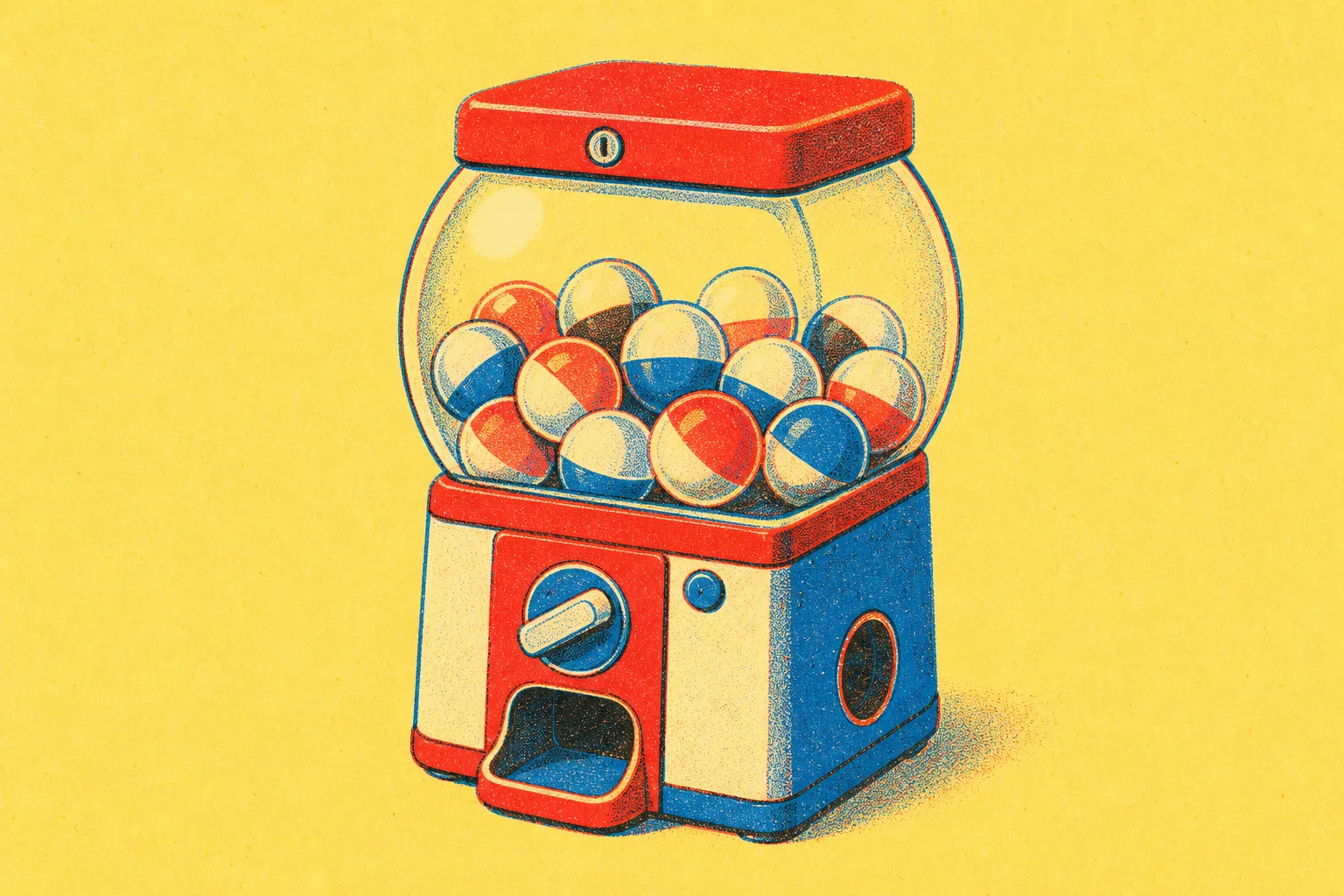 Risograph illustration of a gachapon capsule machine in red, blue, and black inks on butter-yellow paper, its glass globe full of two-tone toy capsules