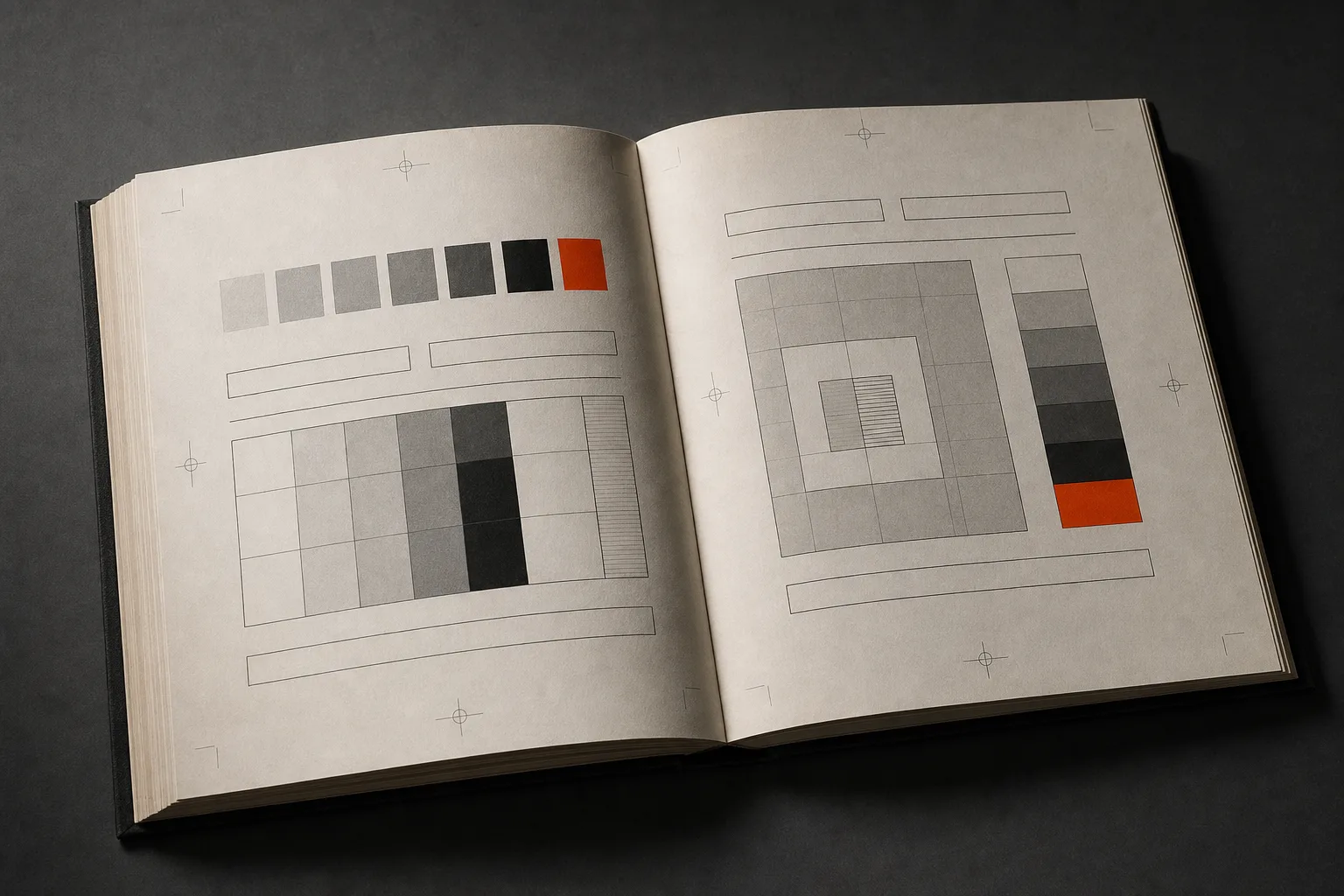 An open corporate identity standards manual on a dark graphite table, its spread showing a gray swatch ladder with one orange chip, grid diagrams, and registration marks