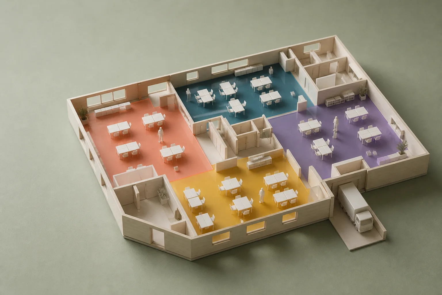 Photograph of a handmade architectural model of an open-plan office floor on sage matboard, with four floor zones inlaid in coral, teal, violet, and mustard acrylic, tiny white desks and figures, and a small delivery truck at a loading dock