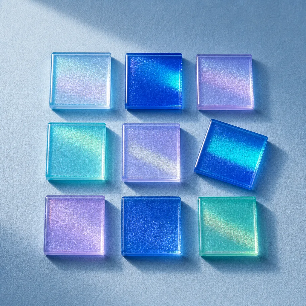Nine small square dichroic acrylic swatch chips in a loose grid on pale blue paper, one turned slightly out of line.