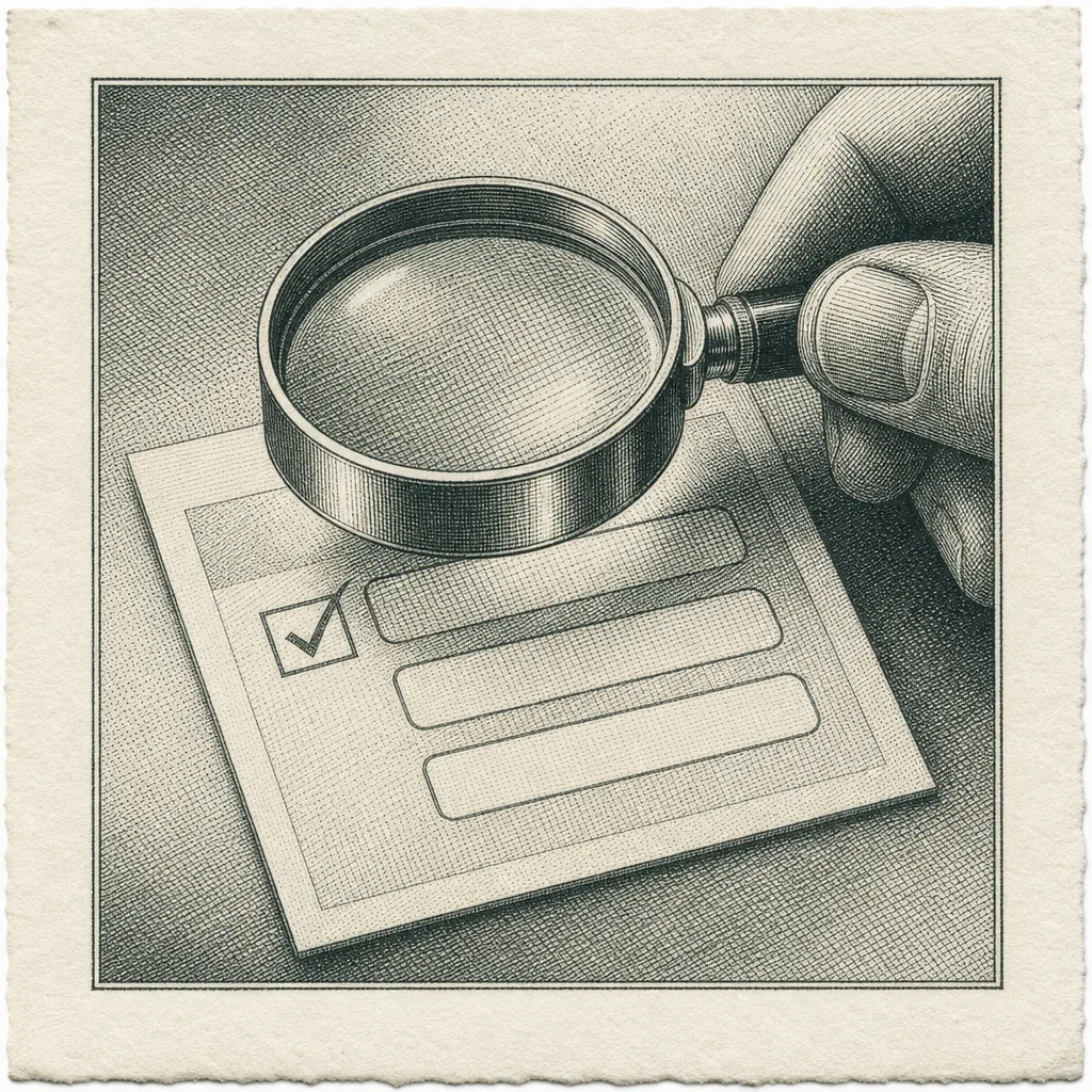 Engraving of a magnifying loupe held over a small form with three blank fields and one ticked checkbox