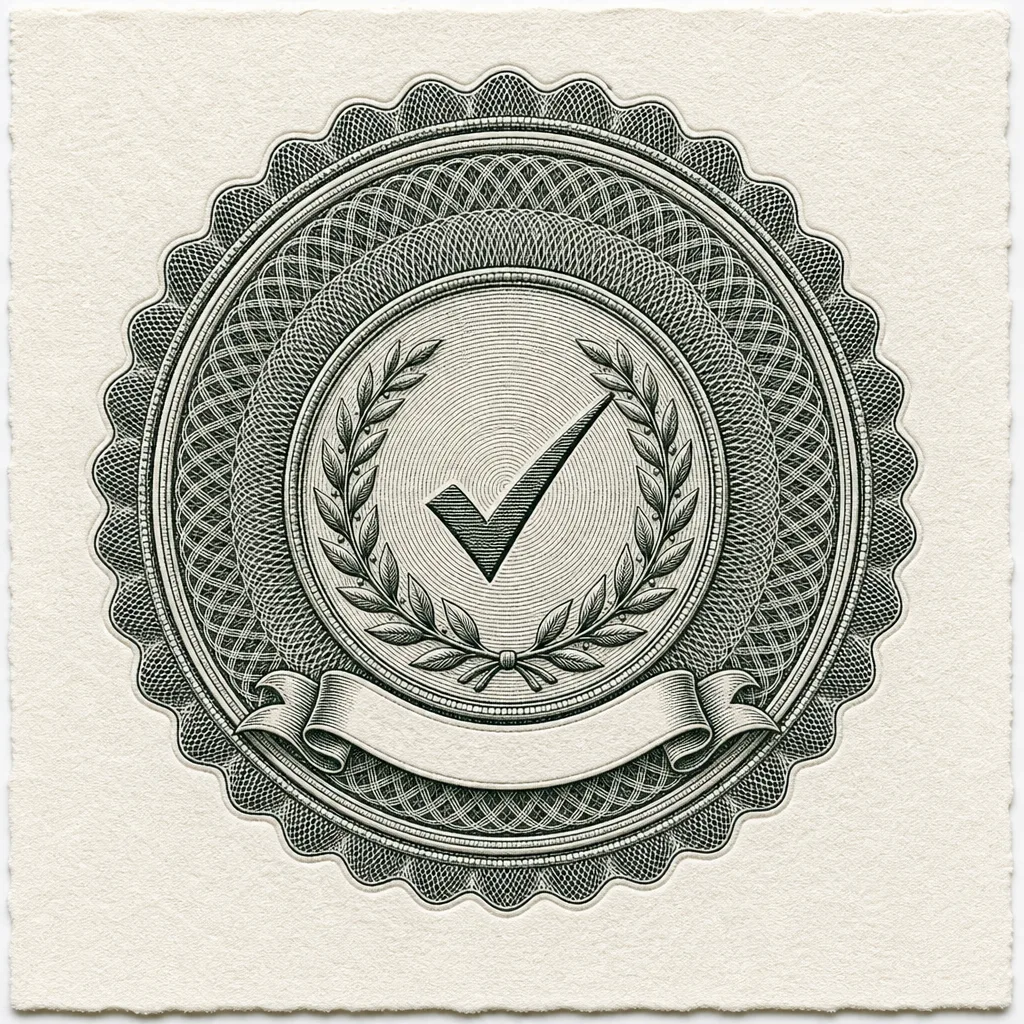 Engraving of a circular guilloche seal with a laurel wreath and a bold check mark at its center