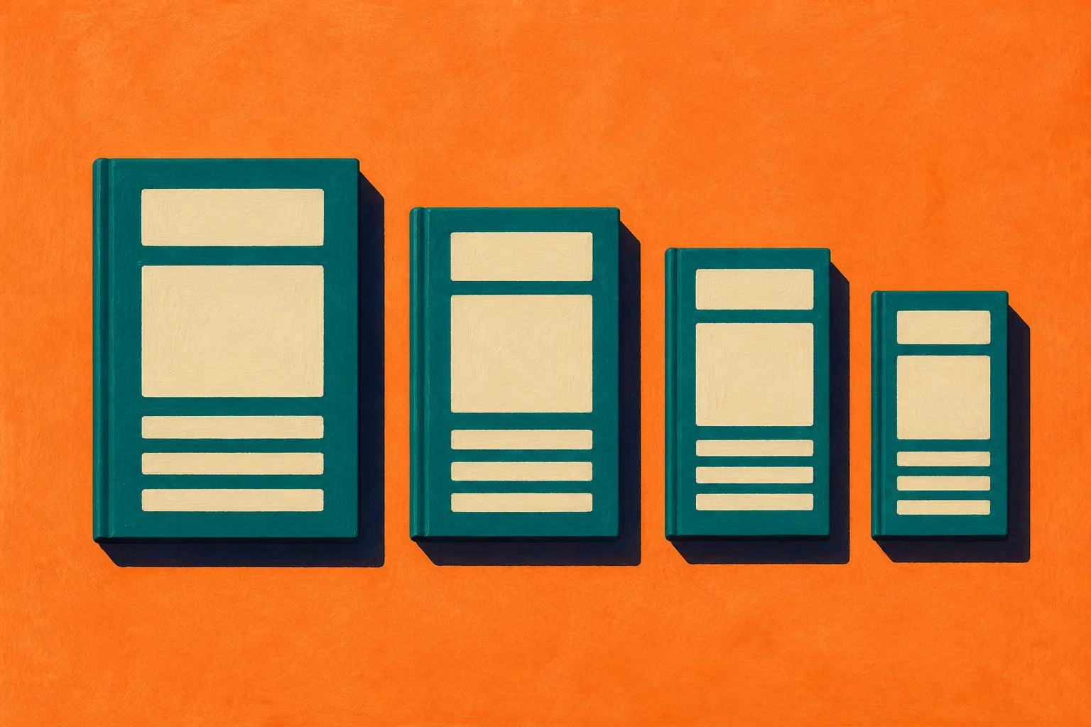 Gouache painting of four teal sketchbooks in a row from large to small on a tangerine ground, each cover carrying the same cream layout of a band, a block, and three bars, reflowed to fit