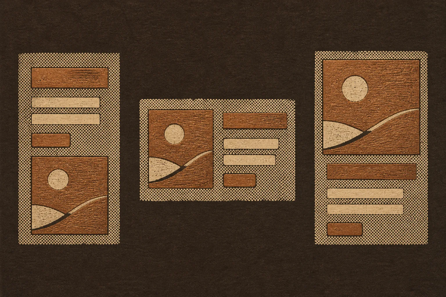 Woodblock print in copper and cream ink on dark umber paper: three proofs of the same abstract hero layout, a headline bar, two text bars, a small button, and a square image with a sun disc, stacked three different ways side by side