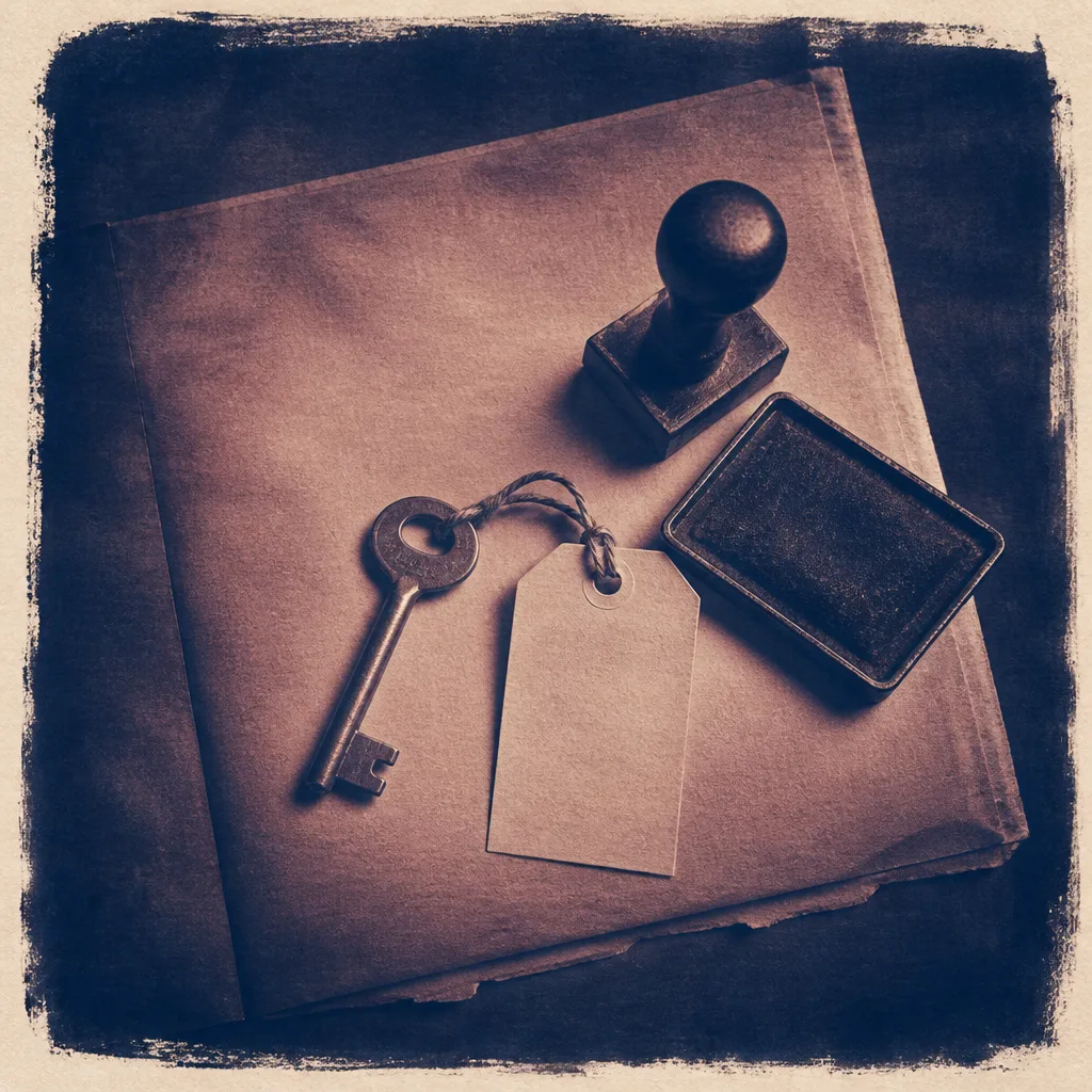 Toned cyanotype still life of a brass key with a blank paper tag, a rubber stamp, and an ink pad on folded paper