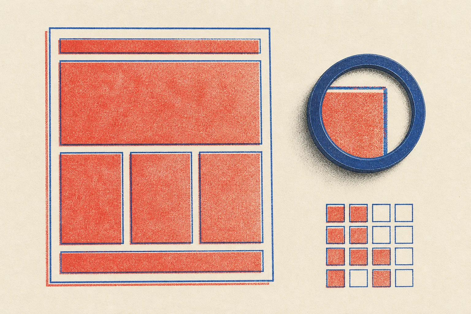 A two-colour risograph diagram of a web page drawn as blocks in cobalt keyline and poster-red fills, with a round grading loupe over one block and a small rubric grid of filled and empty squares in the corner