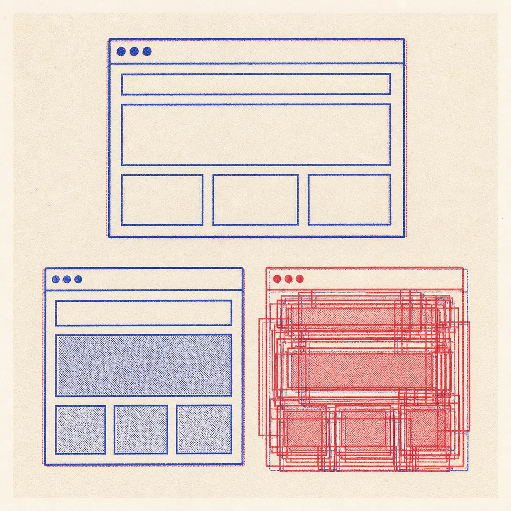 A risograph diagram of two web page thumbnails with the same silhouette, the left built from a few clean nested rectangles in cobalt, the right from dozens of tangled nested rectangles in red