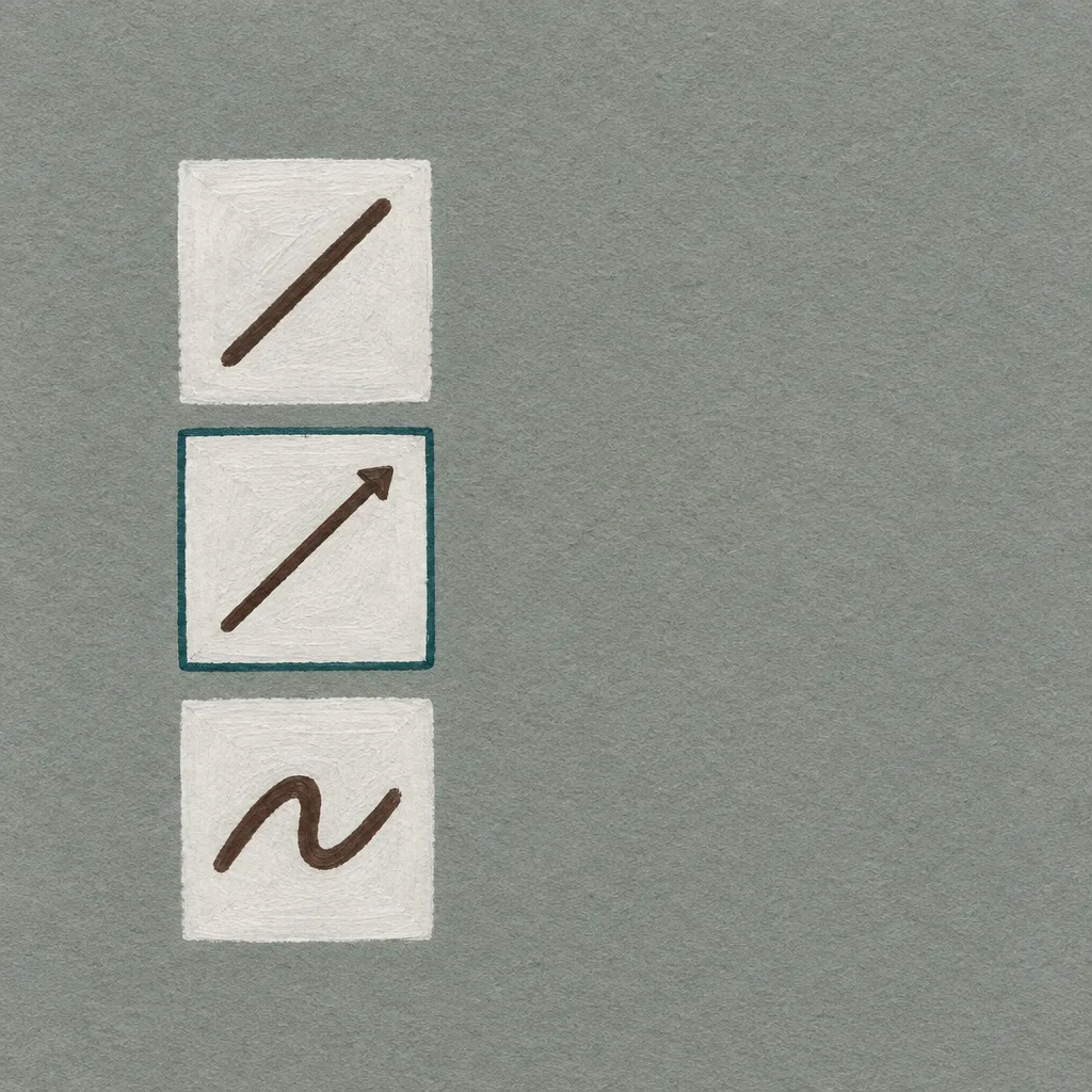 Gouache diagram of a vertical tool flyout: three chalk-white tiles holding a straight line, an arrow, and a freehand squiggle in espresso, the middle tile outlined in teal