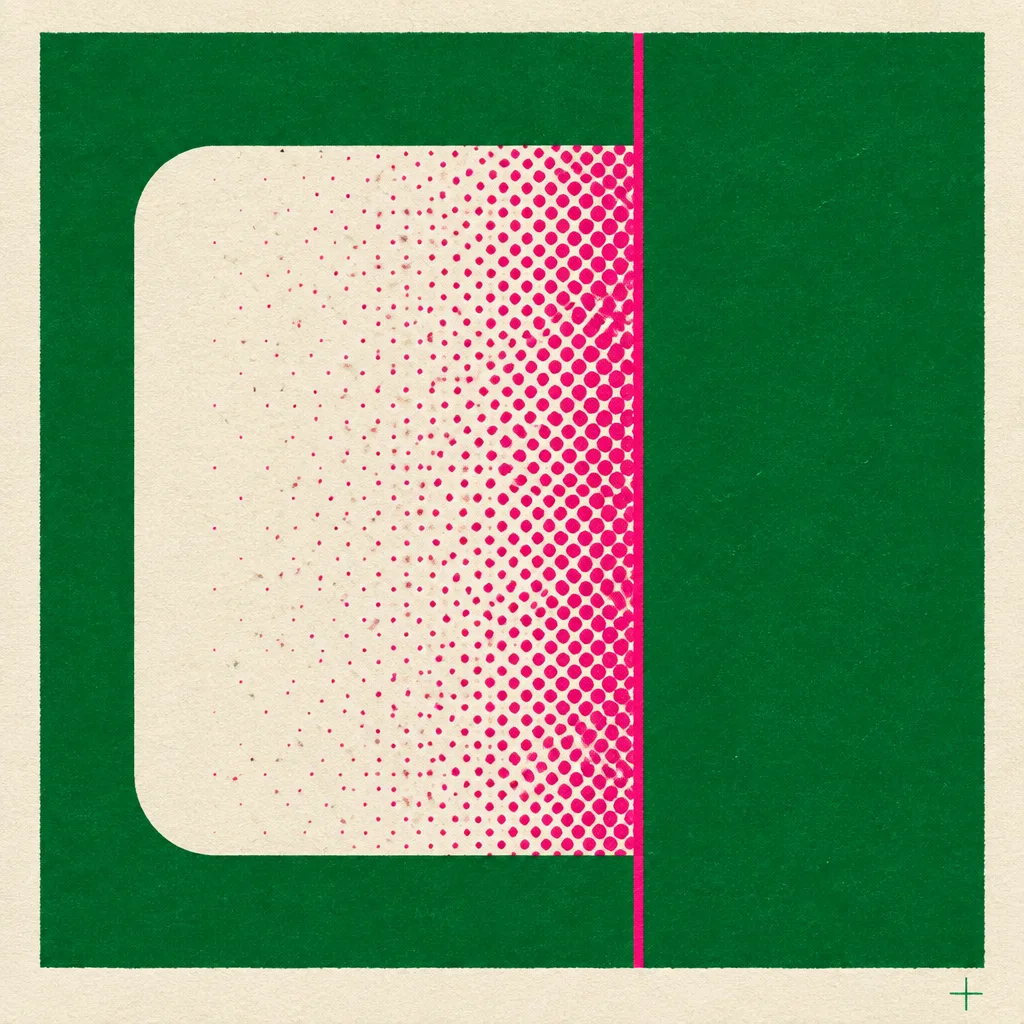 Square screenprint specimen: a cream card cut hard along a magenta vertical rule on racing green, halftone dots densest at the cut