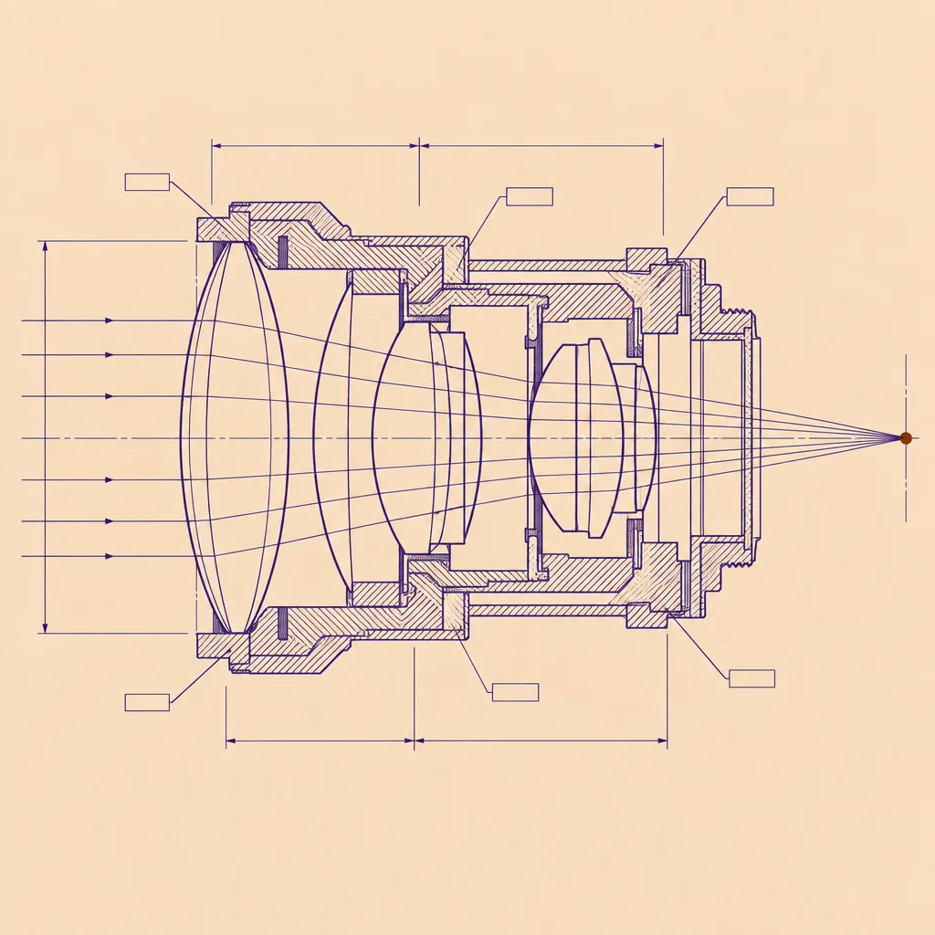 Technical cutaway drawing of a camera lens assembly in violet ink on apricot paper, drawn by gpt-image-2.5 Sunburst: denser cross-hatching, a ray diagram converging to an umber point at the right edge of the frame