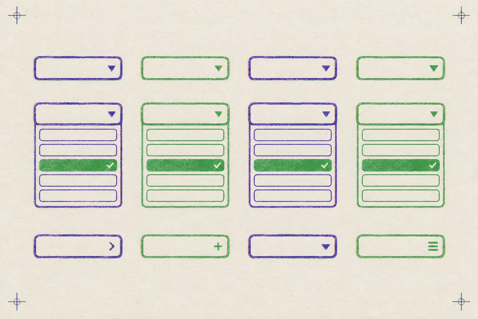 Risograph specimen sheet printed in violet and green ink on off-white paper: twelve dropdown select controls, four closed, four open with a green checked option, four with different disclosure icons.