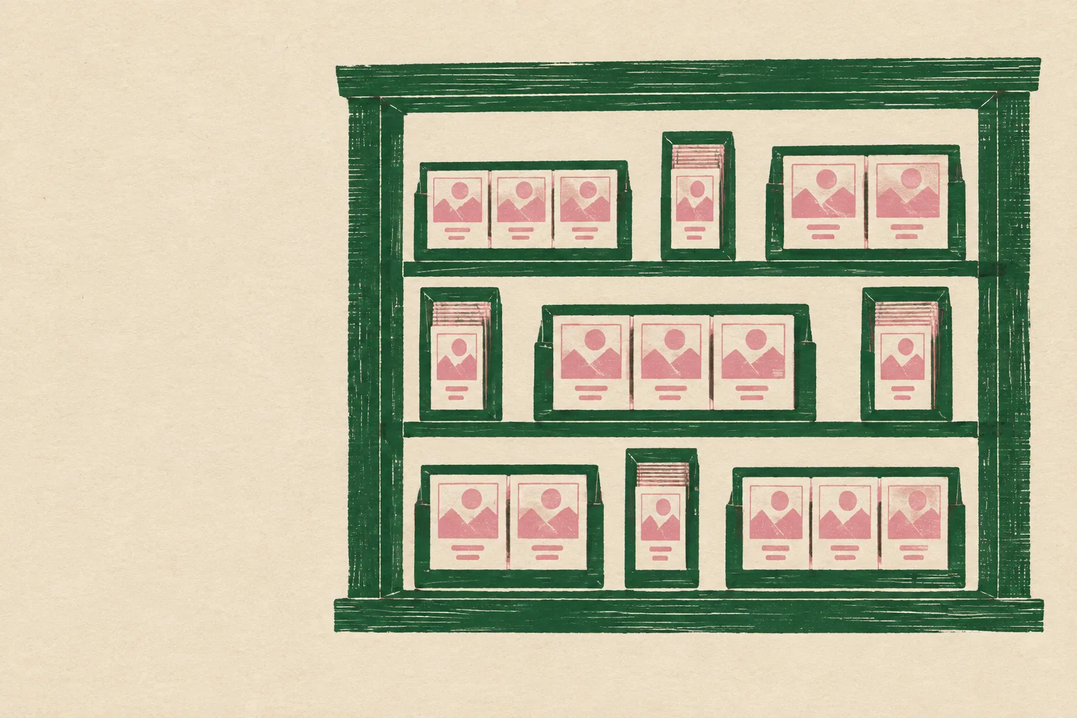 Two-colour woodblock print of one large window frame holding a shelf of small boxes at different widths, each with a tiny card inside, in forest green and blush on cream paper